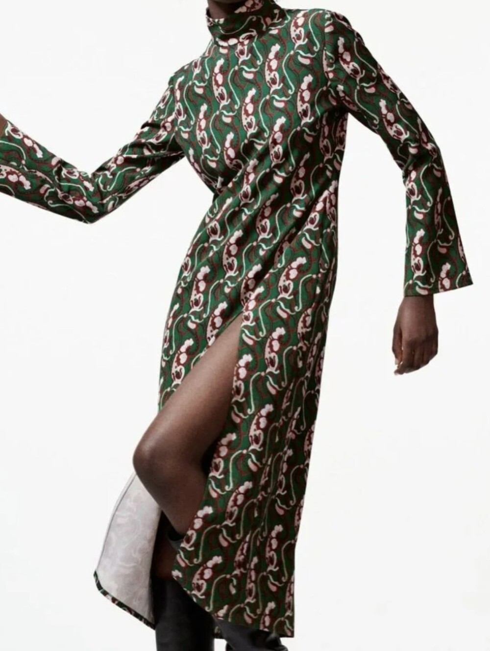 Zara Midi High Neck Thigh Slit Paisley Green Stretch Fitted Dress Size Medium
